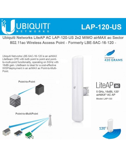 Ubiquiti LiteAP ac 5GHz airMAX Sector AP 120 Degree 16dBi 2x2 MIMO (LAP-120-US) Ubiquiti LiteAP ac 5GHz airMAX Sector AP 120 Degree 16dBi 2x2 MIMO (LAP-120-US)