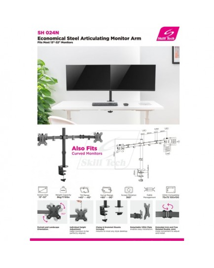SKILL TECH SH024N Desktop Mount Stand for 13 to 32-inch Monitor, Matte Black